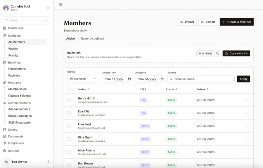 Memberley Members dashboard showing active members, tiers, and invite link