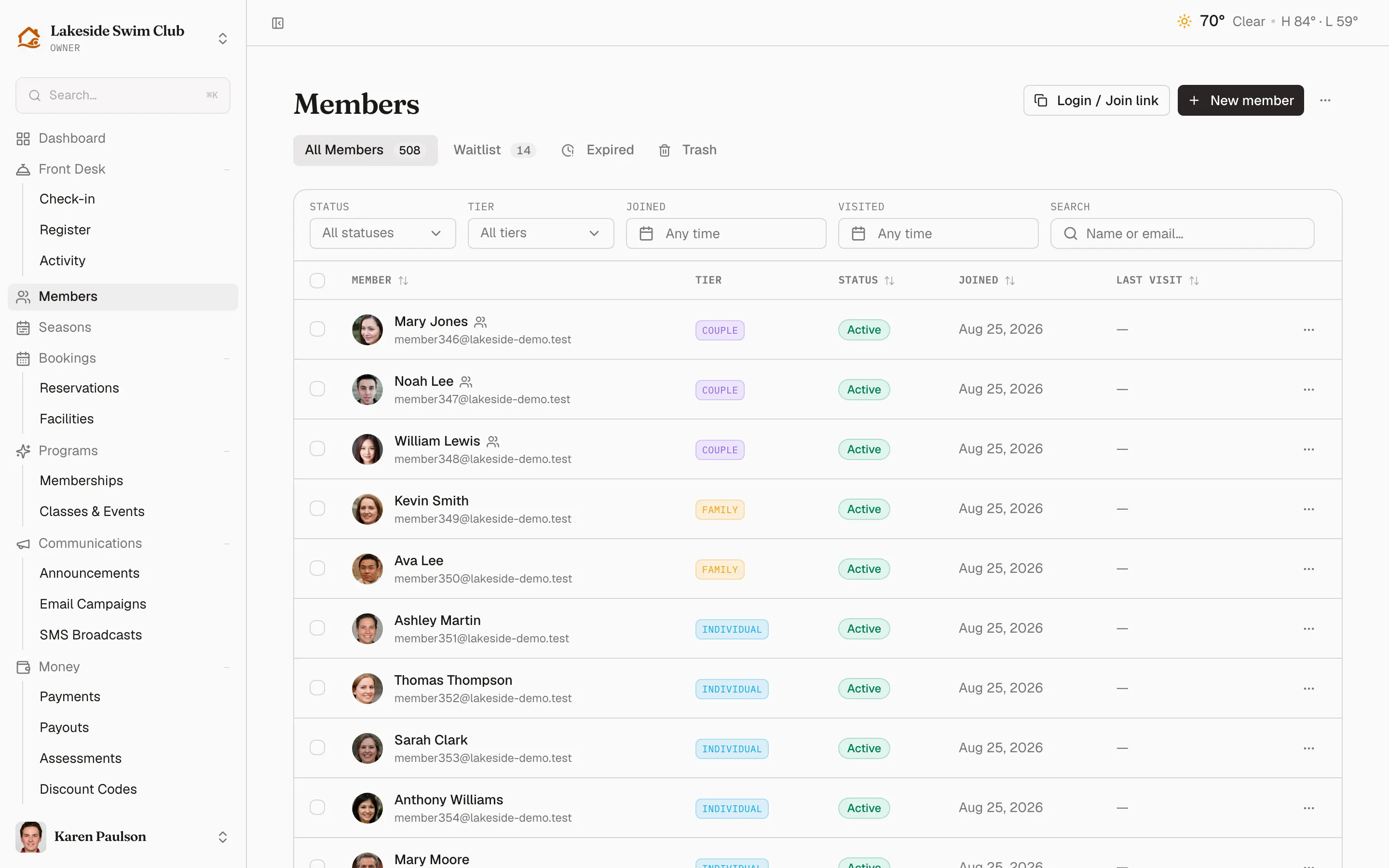 Memberley live demo member roster
