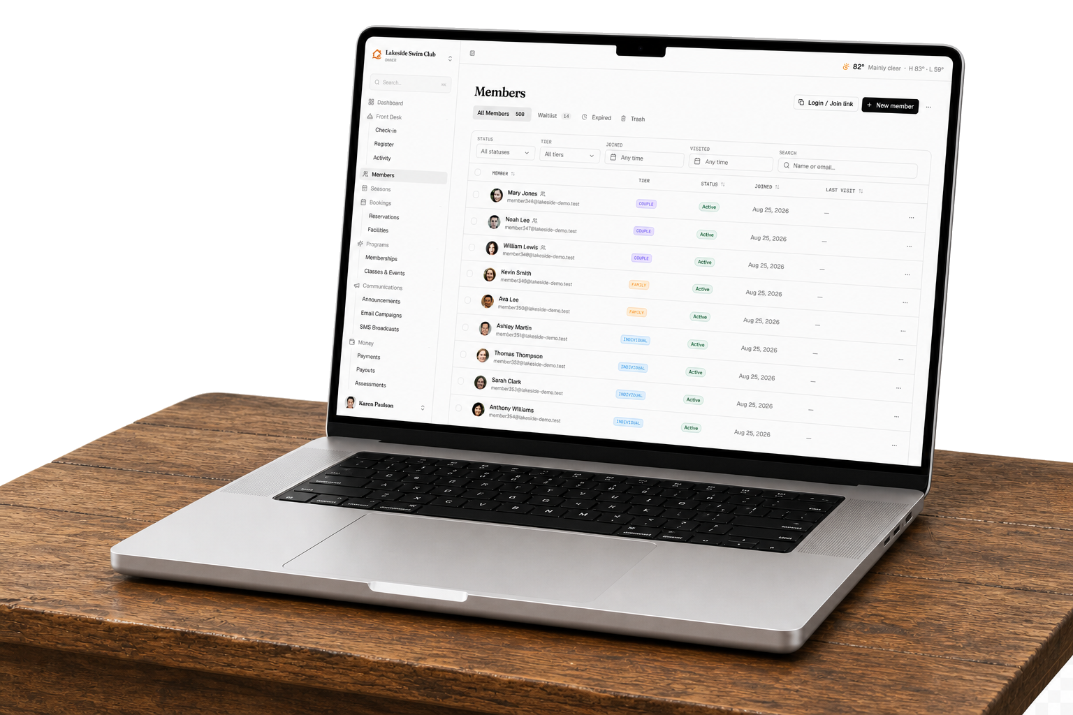 A dark aluminum MacBook displaying Memberley's member roster