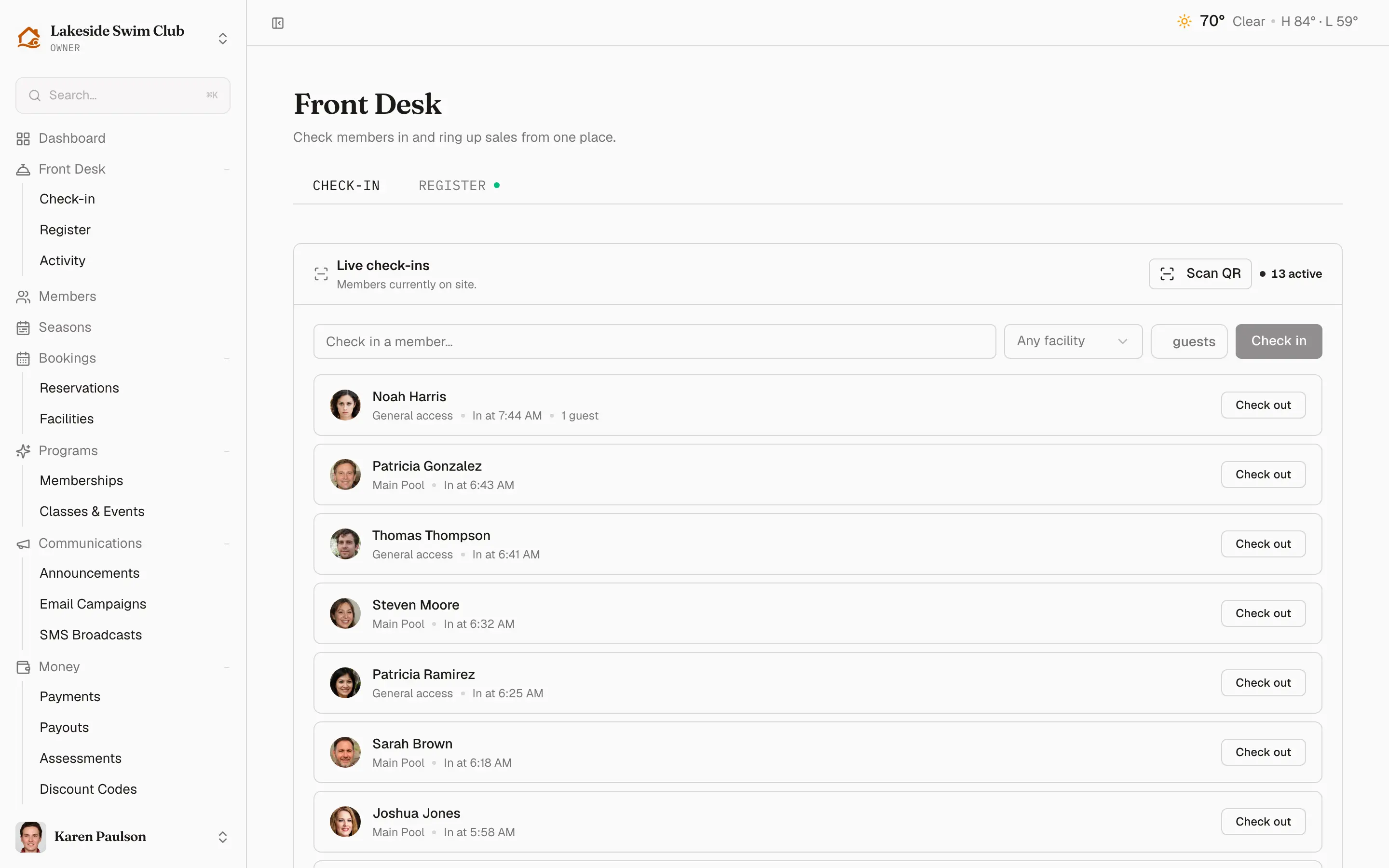 Memberley front desk showing live member check-ins