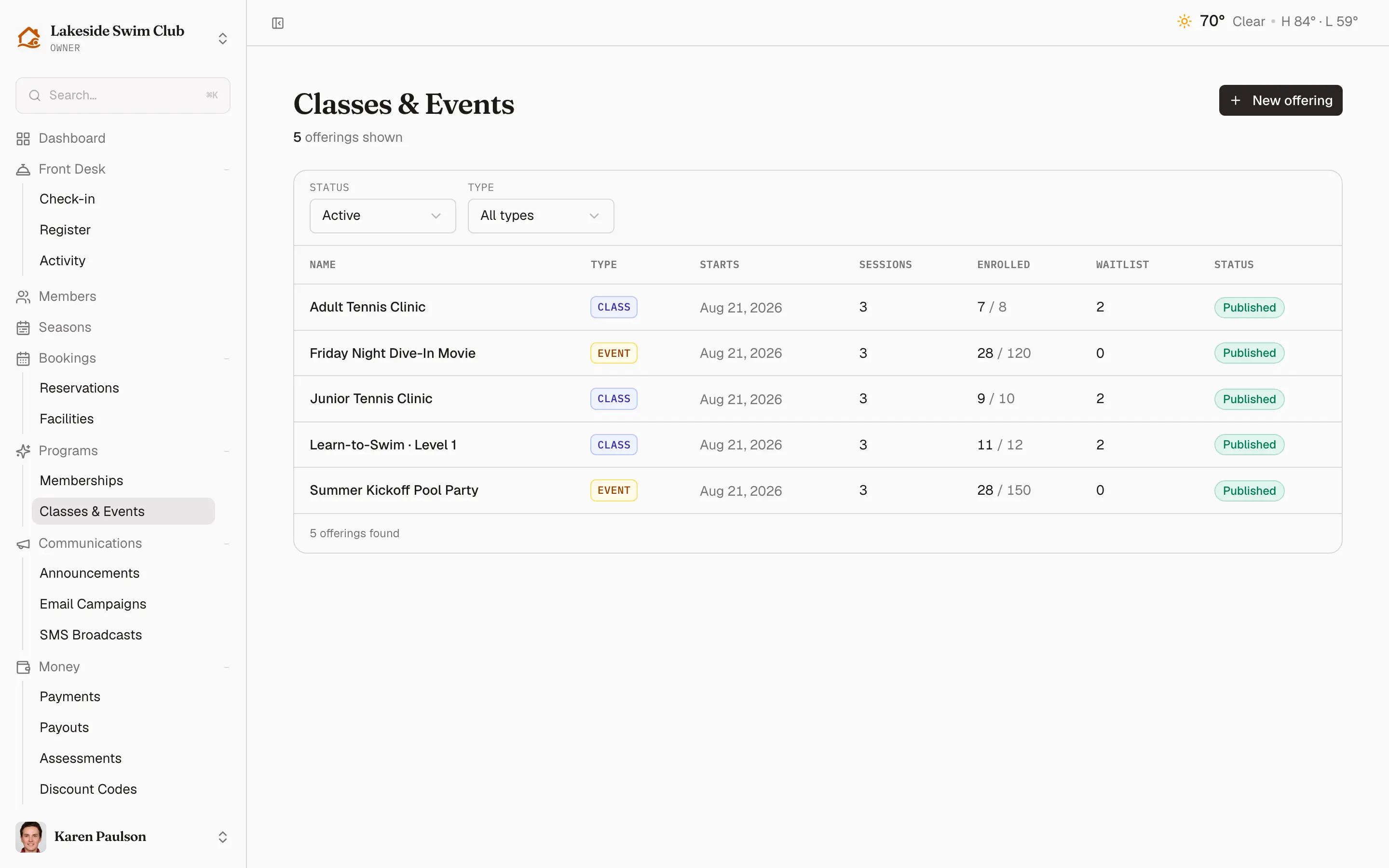 Memberley classes and events catalog